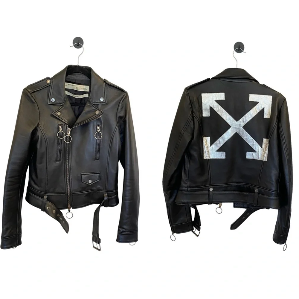 Off-White Virgil Abloh Black Leather Jacket With Metallic Silver X Size 44